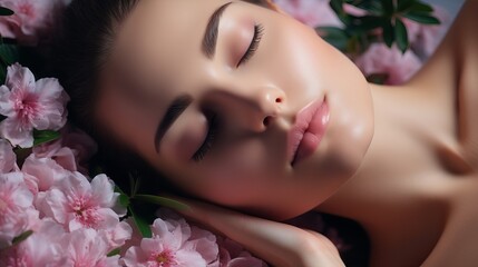 A beautiful young woman with clean and fresh skin is touching her face with flowers during a girl facial treatment at a beauty and spa. The concept of female models caring for their skin.