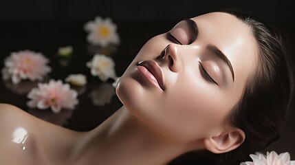Obraz na płótnie Canvas A beautiful young woman with clean and fresh skin is touching her face with flowers during a girl facial treatment at a beauty and spa. The concept of female models caring for their skin.