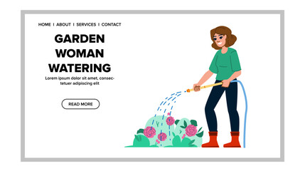 garden woman watering vector. care work, female flower, outdoor agriculture garden woman watering web flat cartoon illustration