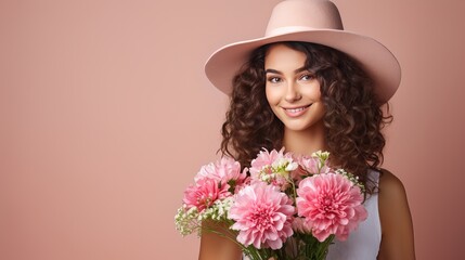 A close-up portrait of a young woman in a summer dress and straw hat holding a bouquet of carnations and looking over her shoulder is shown isolated on a pink background.