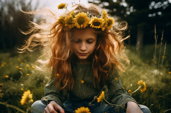 8 Year Old Girl With Dandelions In Her Hair Making A Wreath While Sitting In A Field Close Up