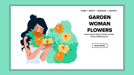 Fototapeta premium spring garden woman flowers vector. summer nature, happy floral, blossom beautiful spring garden woman flowers web flat cartoon illustration
