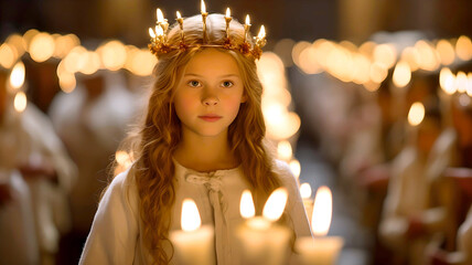 Christmas in Sweden with the traditional candlelight procession of Saint Lucy. The scene shows a girl dressed as Saint Lucia, wearing a white dress and candles on her head. Saint Lucy's Day