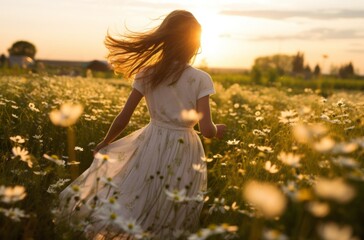 Fototapeta na wymiar Girl running through chamomile field at dawn view from the back