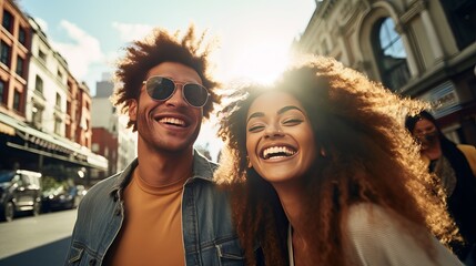 A couple of mixed races are enjoying a day out in the city