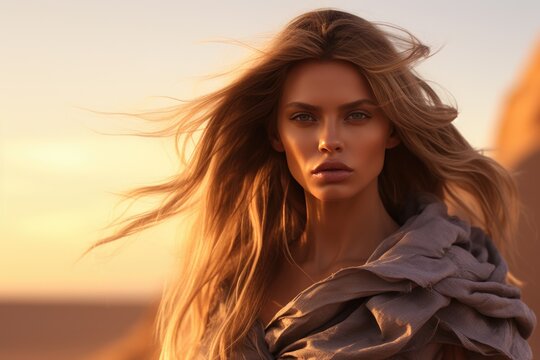 An image of a beautiful calm woman with beautiful makeup in the desert. Concept of beauty, style and tranquility