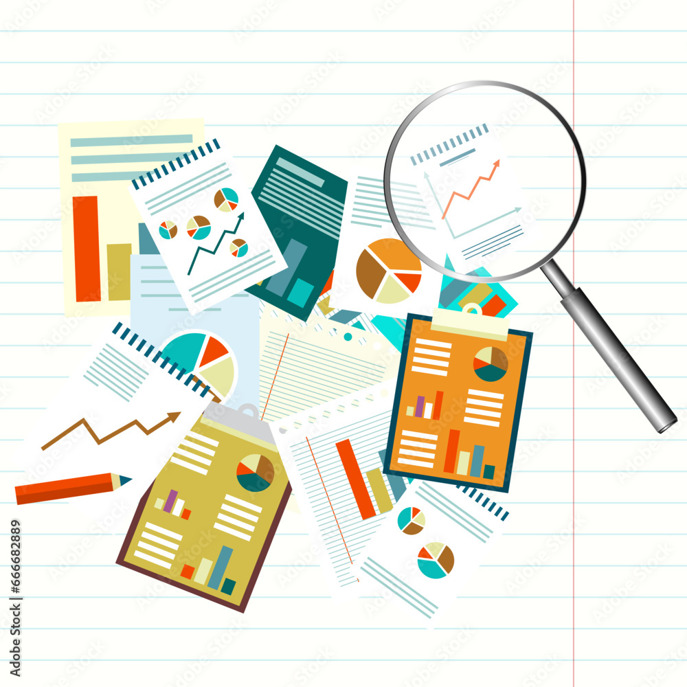 Poster paperwork design with graphs and reports on empty lined paper and magnifying glass - vector