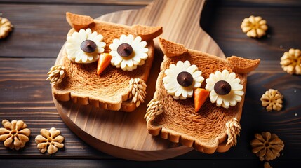 A cute owl-shaped sandwich or toast with sausages and eggs are fun foods for kids, with an overhead view.