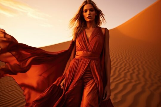 An image of a beautiful calm woman with beautiful makeup in the desert. Concept of beauty, style and tranquility