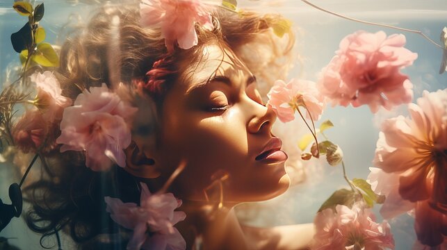 A double exposure portrait of a young, pretty woman paired with a photograph of bright spring garden flowers and leaves creates a conceptual image that demonstrates the unity of humans with