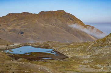 Beautiful lagoon surrounded by mountains in the scenic Tunari National Park near Cochabamba,...