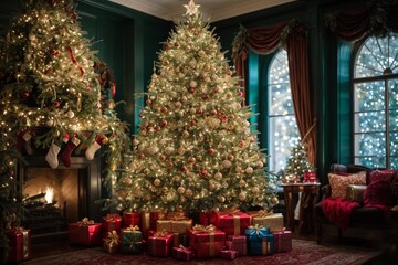 Fototapeta na wymiar árbol de navidad con decoración de regalos en un gran salón al lado de una chimenea con un gran ventanal 