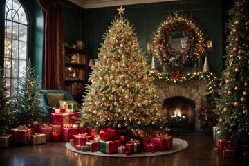 árbol de navidad con regalos decorado en medio de un gran salón al lado de una chimenea 