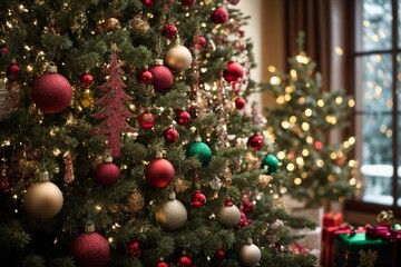 árbol de navidad decorativo con bolas de colores a su alrededor 
