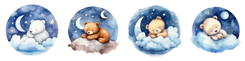 Tuinposter Watercolor cute little bear sleeping on clouds with moon and stars, PNG, card, poster, print, transparent background, generative AI © Александра Низенко