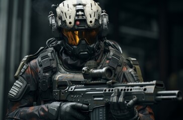 Fototapeta premium Power-packed Futuristic armed soldier. Security person. Generate Ai