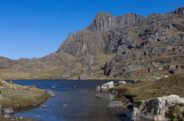 Beautiful lagoon surrounded by mountains in the scenic Tunari National Park near Cochabamba,...