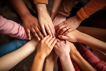 Different hands touching each other in a circle, in the style of light maroon, lively group compositions. Diversity, Equity, Inclusion, and Belonging DEIB