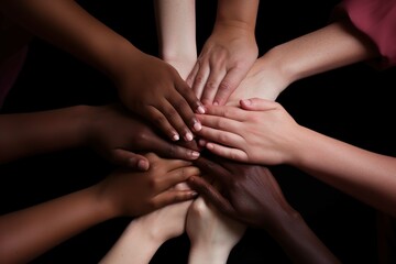 DEIB Diversity, Equity, Inclusion, Belonging. Group of hand in a circle with different colors, in the style of light maroon, close-up