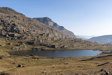 Beautiful lagoon surrounded by mountains in the scenic Tunari National Park near Cochabamba,...