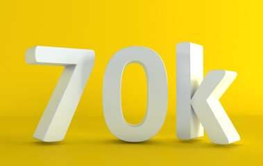 70K Followers. Achievement in 70K followers. 70 000 followers background. Congratulating networking thanks, net friends abstract image, customers. 3d rendering. Isolated like and thumbs. Web banner.