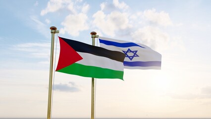 Israel and Palestine flags waving against a blue sky background. 