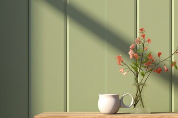 Flowers are in a white vase on the table 3d rendering vintage style room interior home design zoom in. generative ai.