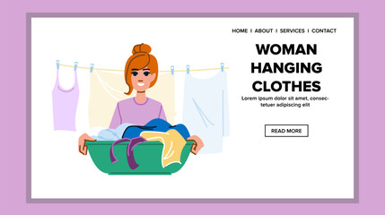 line woman hanging clothes vector. clean housework, summer line, shirt outdoors line woman hanging clothes web flat cartoon illustration