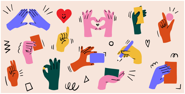 Set of expressive hands illustration. Different hand drawn gestures.
