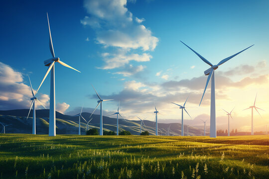 Wind turbines on a green meadow at sunset. 3d rendering
