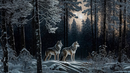 Two wolves in a snowy forest.