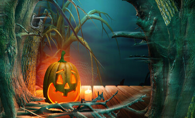 Halloween background with pumpkin and tree branches in enchanted spooky forest in the night. 3D render illustration.