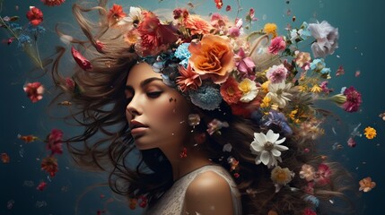 A collage of abstract contemporary surreal art that depicts a young woman with flowers