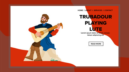medieval trubadour playing lute vector. musician bard, minstrel instrument, performance performer medieval trubadour playing lute web flat cartoon illustration