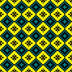 Seamless pattern of geometric shapes in yellow and black colors.