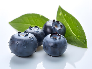 Blueberries with leaves on a clean background. Shallow depth of field.