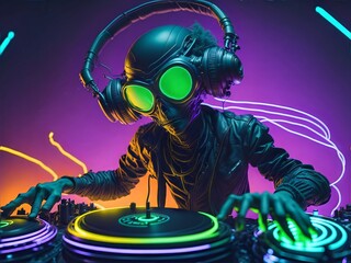 Un DJ alienígena iluminado con luces de neón haciendo girar una mezcla galáctica de ritmos, con un par de gafas brillantes