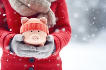 hands holding a piggy bank in snow
