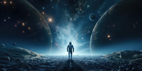 Obraz premium A lone astronaut is flying towards the end of the stars in the Milky Way galaxy. AI Generative