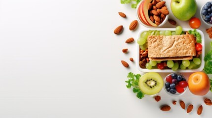 A healthy eating habits concept background layout with free text space is used in a flat lay composition with a top view of a school lunch box with sandwich vegetables, water, almonds, and