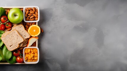 A healthy eating habits concept background layout with free text space is used in a flat lay composition with a top view of a school lunch box with sandwich vegetables, water, almonds, and - obrazy, fototapety, plakaty