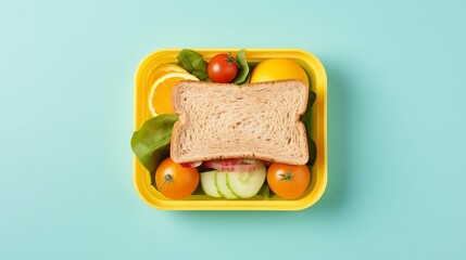 A kid's lunch box includes a humorous bear sandwich, boiled egg, bee, banana, and orange juice. A back to school background with a top view. - obrazy, fototapety, plakaty
