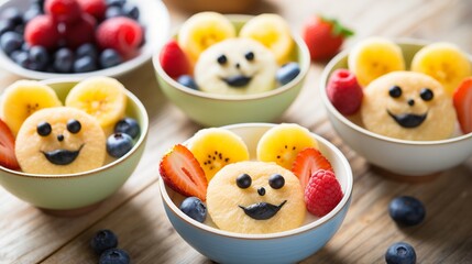 A humorous idea for kids' food is to make funny bowls with oat porridge that feature faces of cats, dogs, and mice made of fruits and berries.