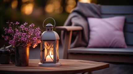 A hygge home decor arrangement in the autumn is cute, featuring a small wooden cabin balcony with heather flowers, lavender in a bottle vase, candlelight flame, soft beige plaid, and a