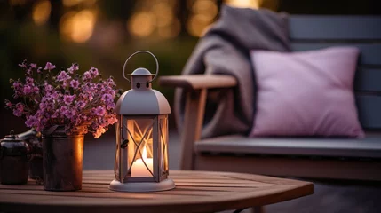 Fotobehang A hygge home decor arrangement in the autumn is cute, featuring a small wooden cabin balcony with heather flowers, lavender in a bottle vase, candlelight flame, soft beige plaid, and a © Khalida