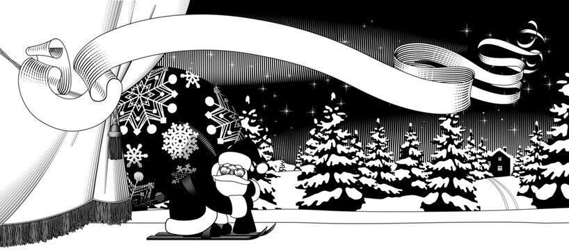 Drawing of Santa Claus on skis behind the theater curtain with a large bag decorated with snowflakes in black and white engraving style and a ribbon banner 
against a background of a night forest lan