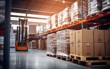 A modern storehouse full of shelves with goods in cartons, pallets, and forklifts. Logistics, and transportation concept on blurred background.