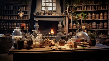 A kitchen laboratory that is magical and filled with old scrolls and recipes.