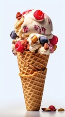 Ice cream in waffle cone with berries and nuts on white background. Various of Ice Cream Flavor. Summer and Sweet Menu Concept.. Background with a copy space.