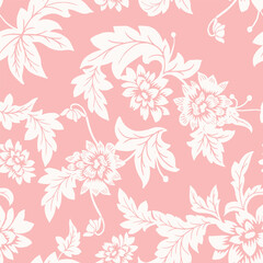 Seamless pattern. Vector graphic flowers on light pink background.Silhouette white dahlia. 